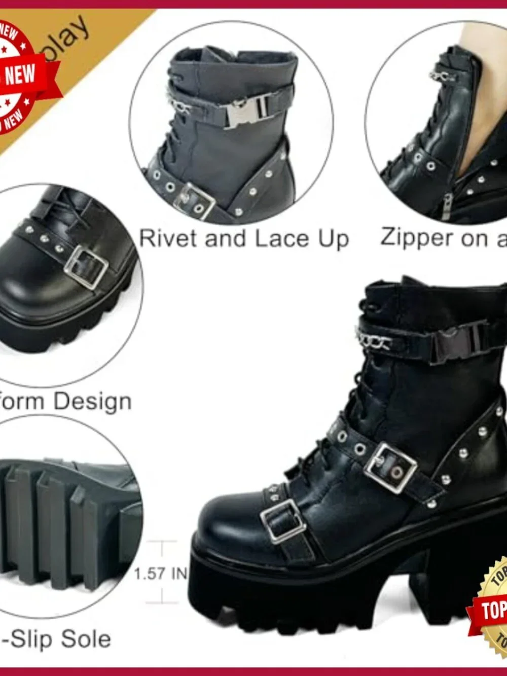 Goth Platform Combat Booties Chunky Heel Lace Up Zip Punk Shoes